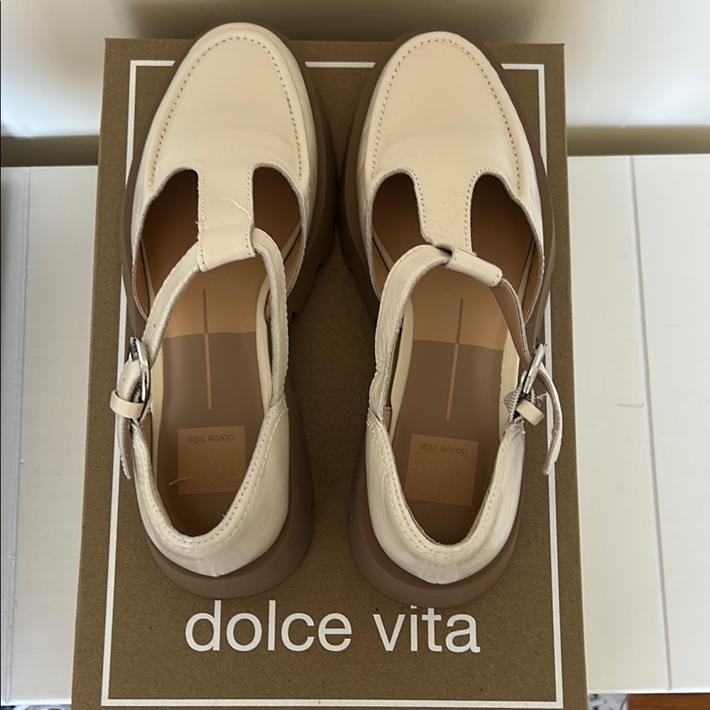 Dolce Vita Cream Leather T-Strap Loafers with Buckle